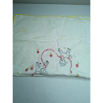 Vintage 1950s Baby Crib Blanket Cotton Embroidered Doe Deer Flowers Ribbon