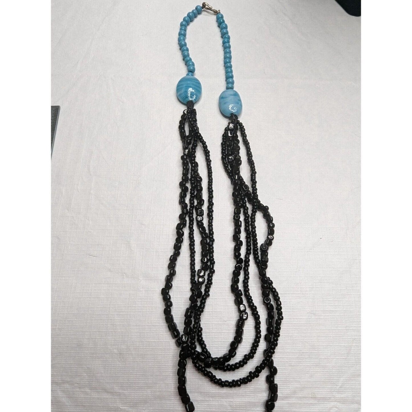 Vintage Turquoise and Black Beaded Stone Long Layered Necklace Southwestern