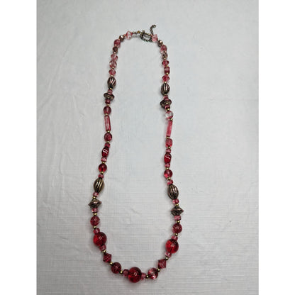 Vintage Mid Century Womens Single Strand Glass Beaded Necklace Red Gold