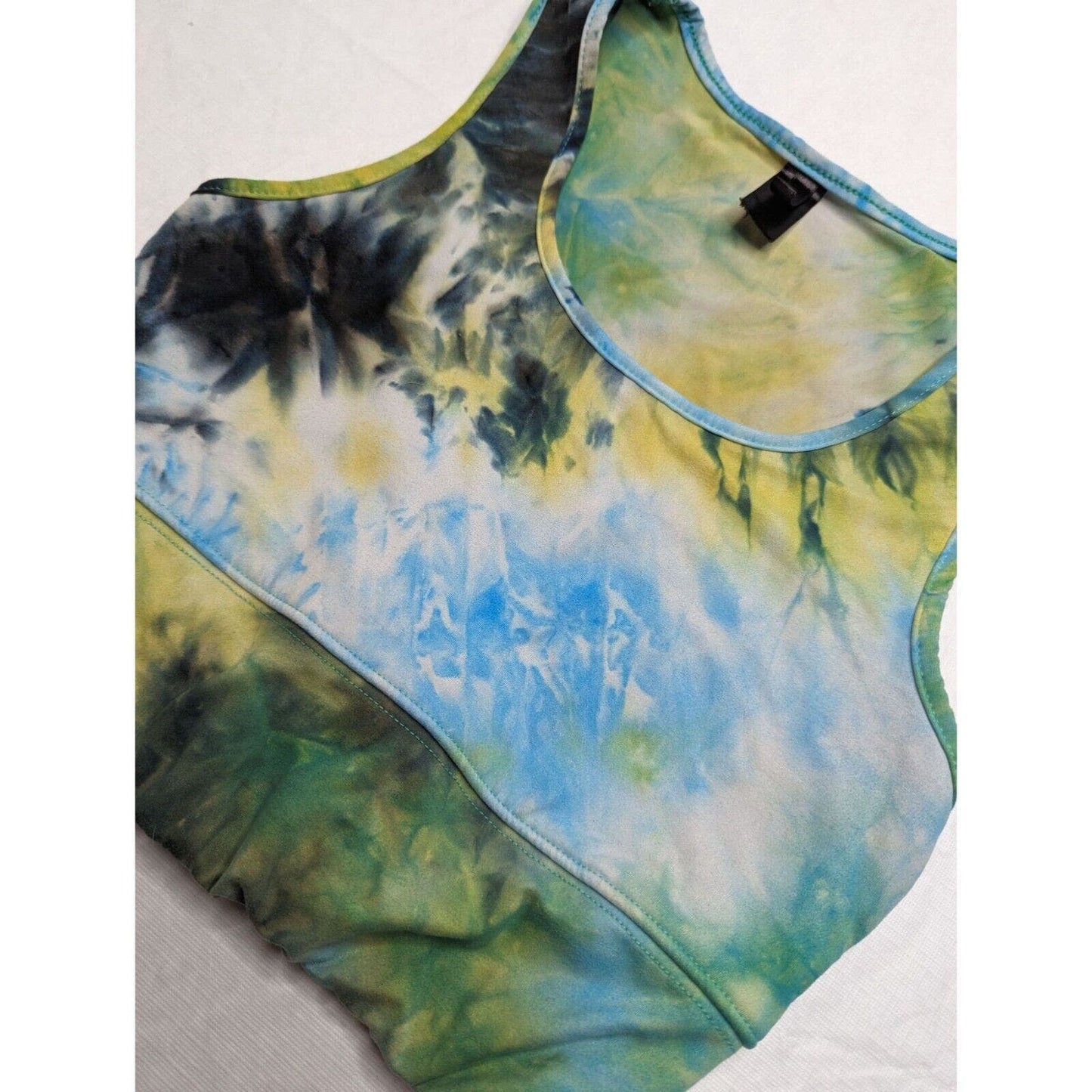 Womens Sz M Longline Sports Bra Cropped Top Black Blue Tie Dye