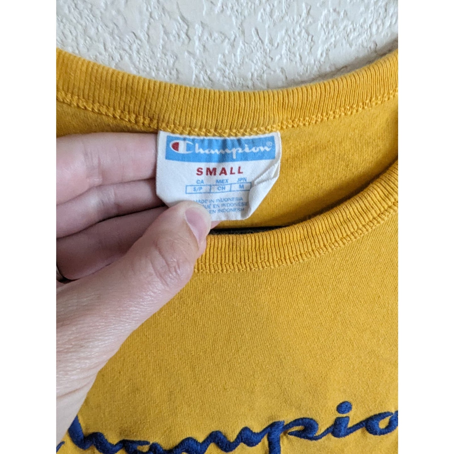 Vintage Champion Womens Sz S Long Sleeve T Shirt Yellow w/ Blue Embroidered Logo