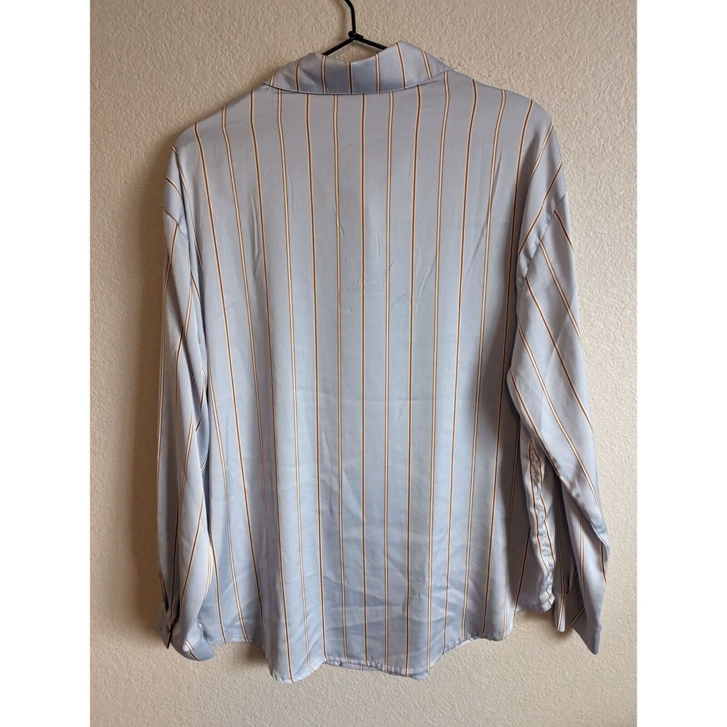 Hello Nite LA Womens Sz M Button Down Blouse Satin Blue Brown Striped