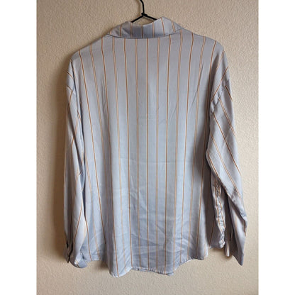 Hello Nite LA Womens Sz M Button Down Blouse Satin Blue Brown Striped