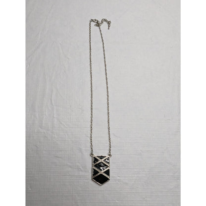 Vintage 1990s Silver Tone chain Pendant Necklace Enamel Geometric Black