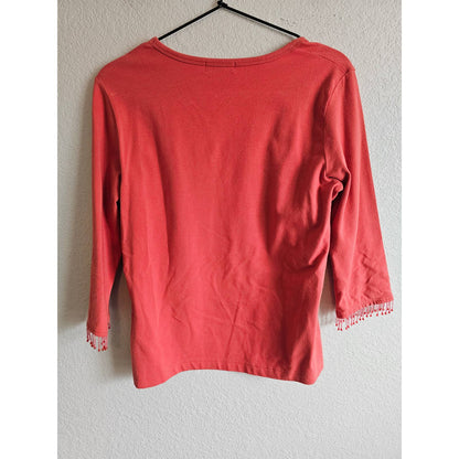 Casual Corner Womens Sz M 3/4 Sleeve T Shirt Dark Coral Beaded Fringe