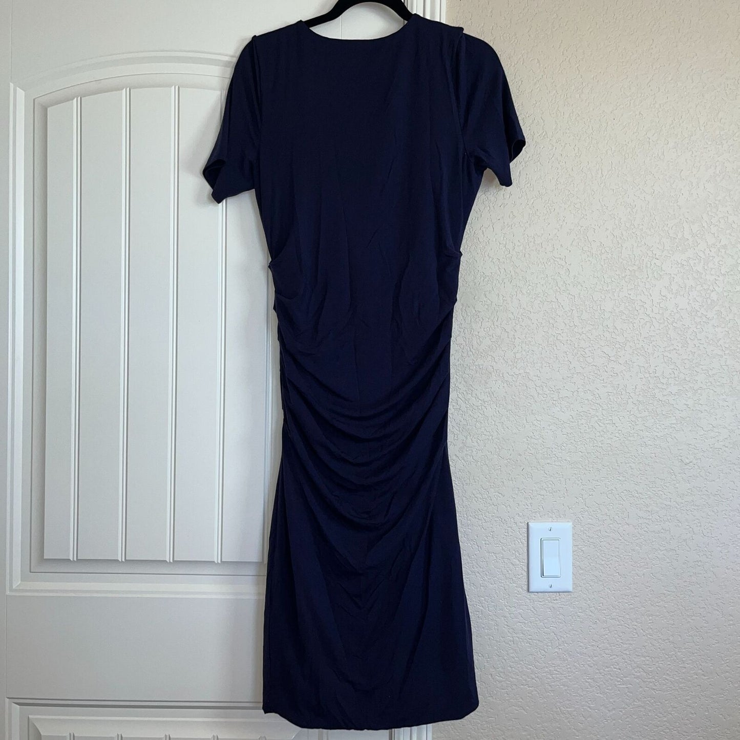 Lysse Womens Sz M Short Sleeve Navy Blue Dress Midi Slimming Career