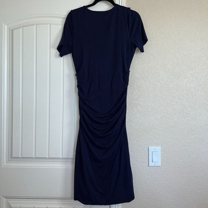 Lysse Womens Sz M Short Sleeve Navy Blue Dress Midi Slimming Career