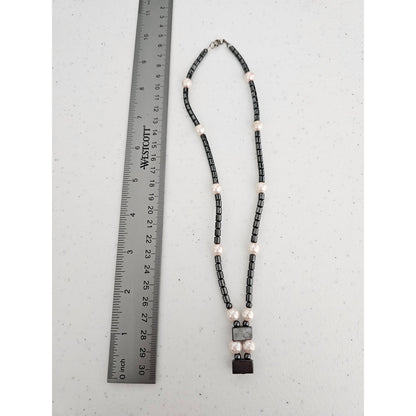 Vintage 1990s Silver Tone Metal Beaded Necklace w/ Pearl Accents