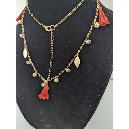 Womens Gold and Red Tassel Necklace w/ Leaf Charms and Beads Boho