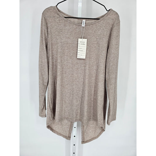 Leo Rosi Womens Sz L Long Sleeve Blouse Taupe Elbow Patches Button Back NEW