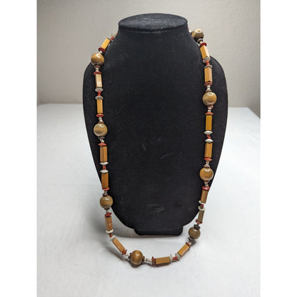 Vintage 1960s Wooden Bead Single Strand Geometric Necklace Brown