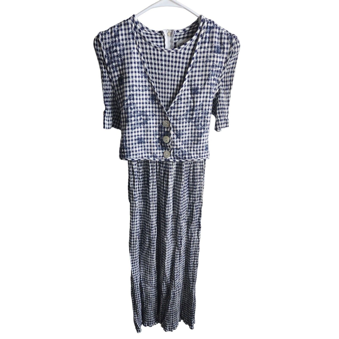 Vintage 1980s JBS Womens Sz M Blue Checkered Maxi Dress Embroidered Floral