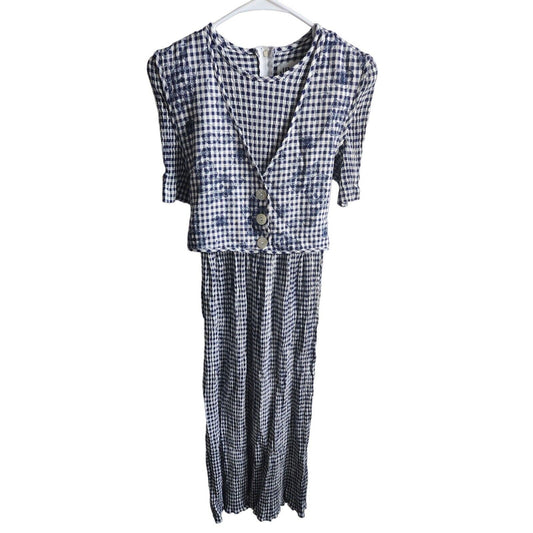Vintage 1980s JBS Womens Sz M Blue Checkered Maxi Dress Embroidered Floral