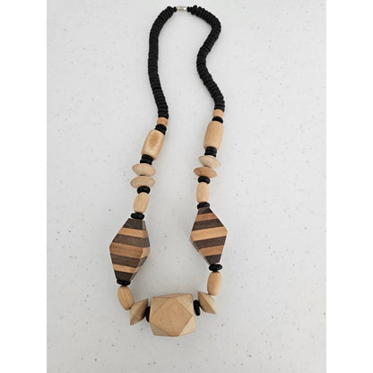 Vintage Mid Century Chunky Wooden Beaded Necklace Brown Geometric