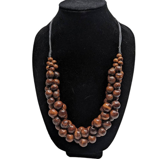 Vintage Mid Century Wooden Cluster Round Bead Statement Necklace Brown