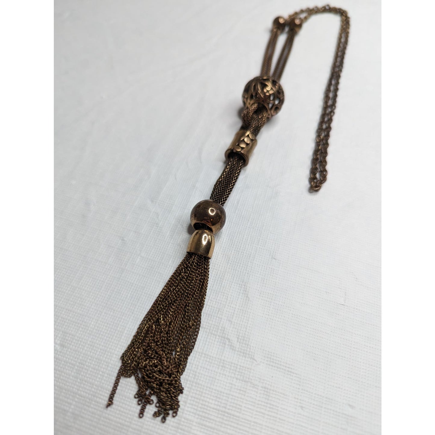 Vintage 1970s Dark Gold Chain Necklace w/ Long Tassel pendant