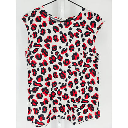 Talbots Womens Sz MP Petite Sleeveless Blouse Red Black White Leopard Print