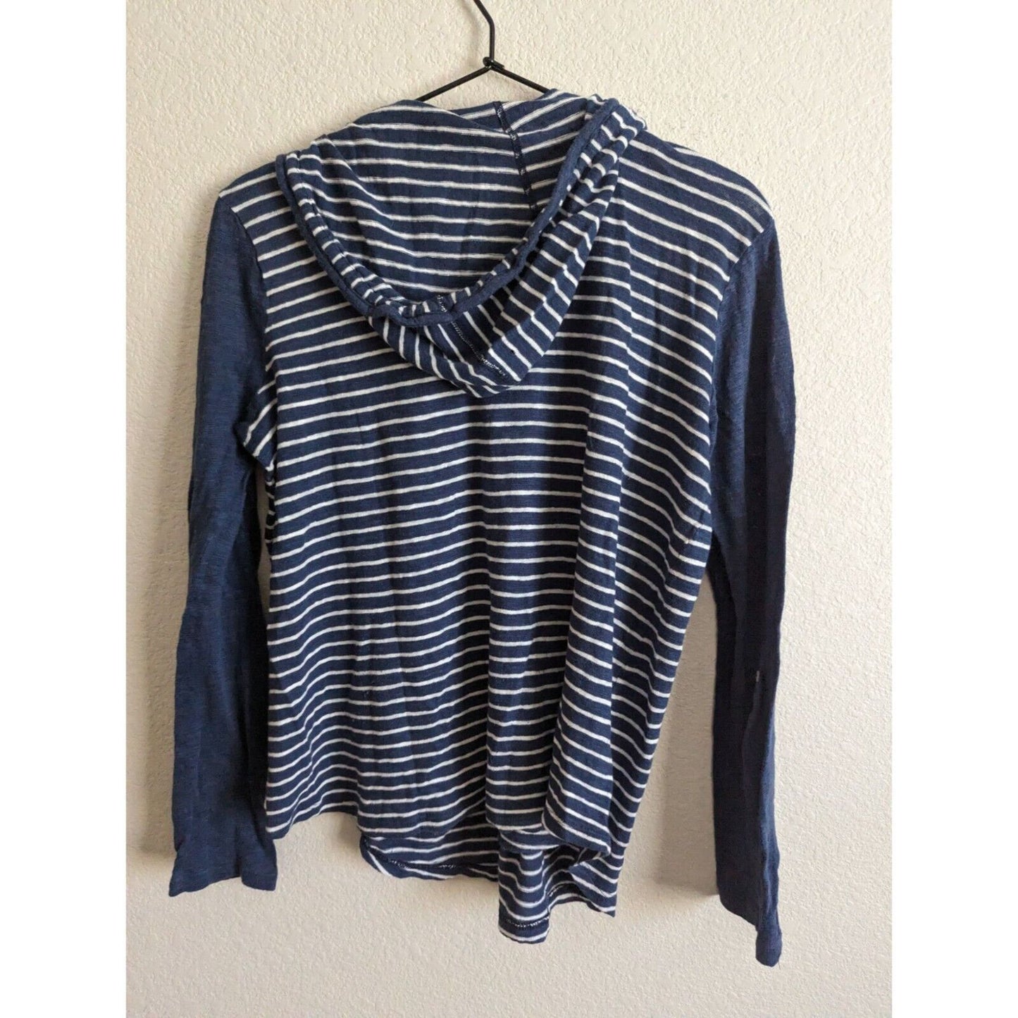 J Jill Womens Sz S Linen Blend Hooded Long Sleeve Shirt Blue Striped