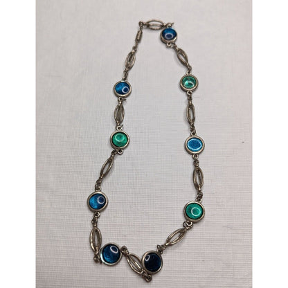 Vintage Y2K Silvertone Chain Necklace Blue Green Round Stones