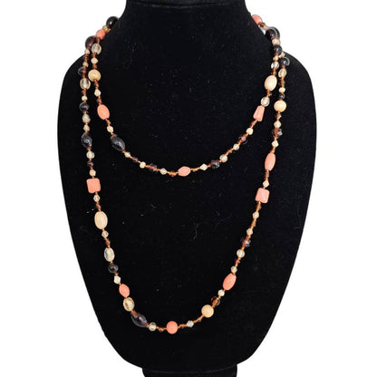 Vintage Mid Century Single Strand Long Beaded Necklace Glass Stone Orange Brown