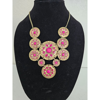 Vinatge Mid Century Medallion Bib Style Necklace Gold and Pink