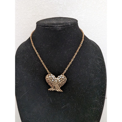 Womens Gold Tone Heart Shaped Wings Necklace w/ Rhinestones New