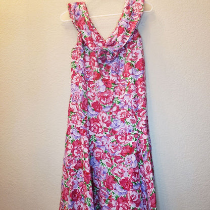 The Eagles Eye Womens Sz 12 Bright Floral Dress Midi Pink Linen Blend Vintage