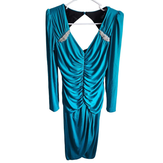 Vintage A La Carte California Womens Sz M Formal Midi Dress Blue Satin Rhineston