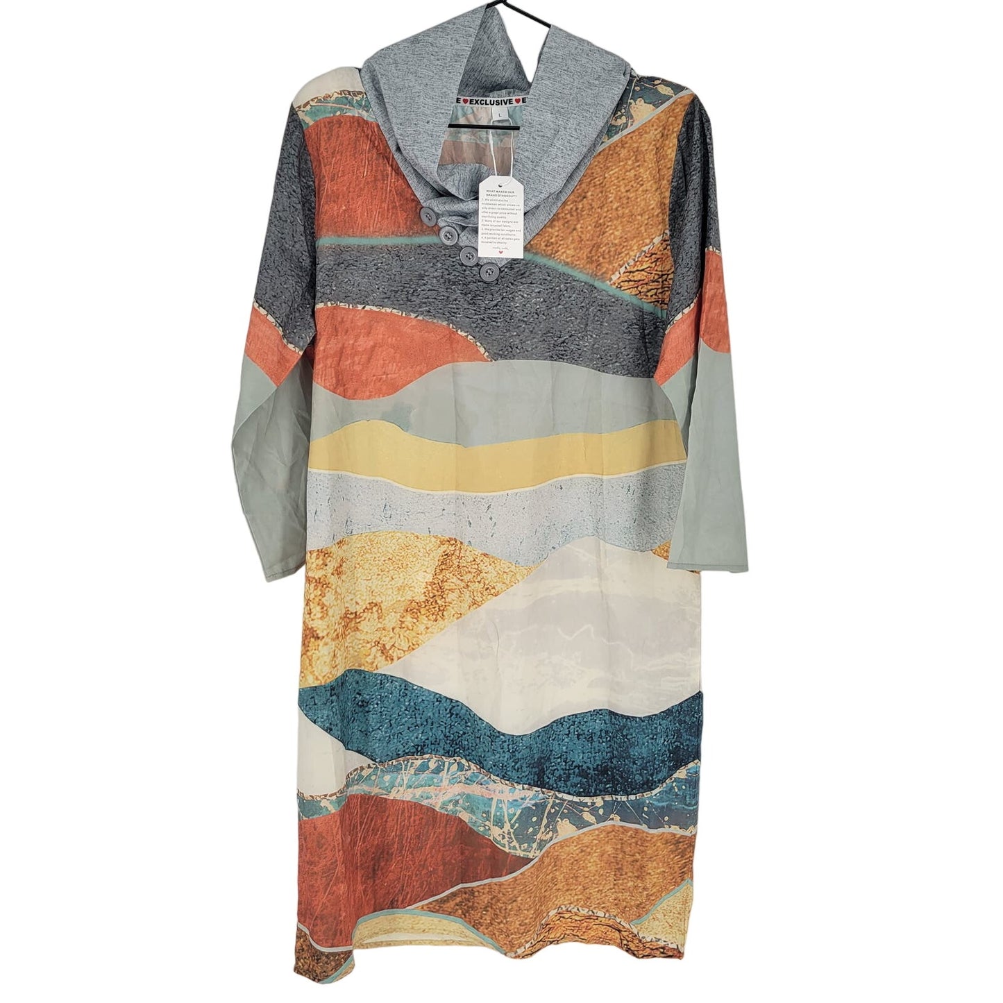 Heart Exclusive Womens Sz L Knee Length Cowl Neck Dress Colorful Hills Print