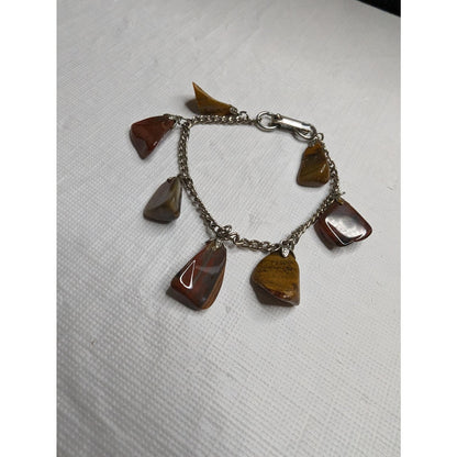 Vintage Y2K Tigers Eye Stone Charm Bracelet Brown Silver