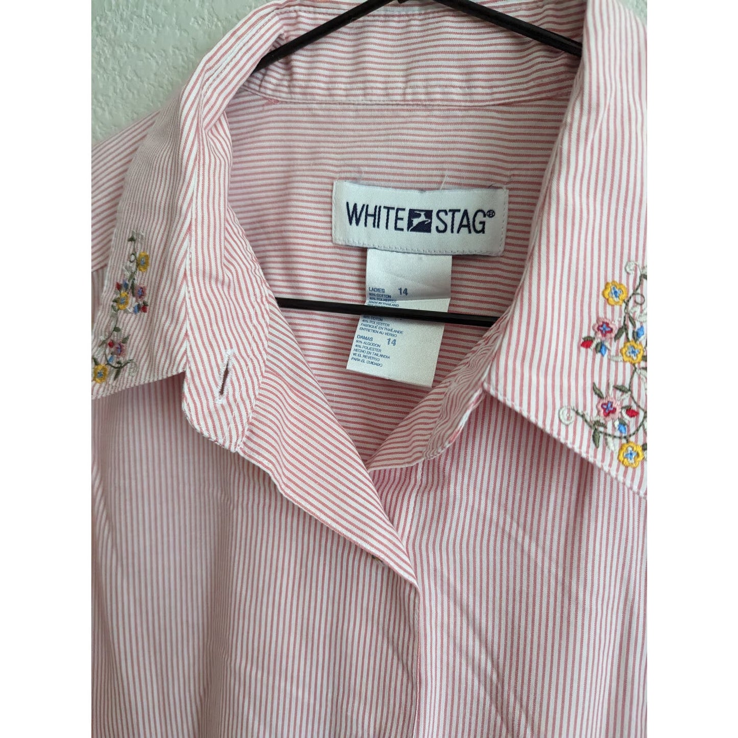 Vintage White Stag Womens Sz 14 Long Sleeve Button Up Shirt Pink Striped Floral