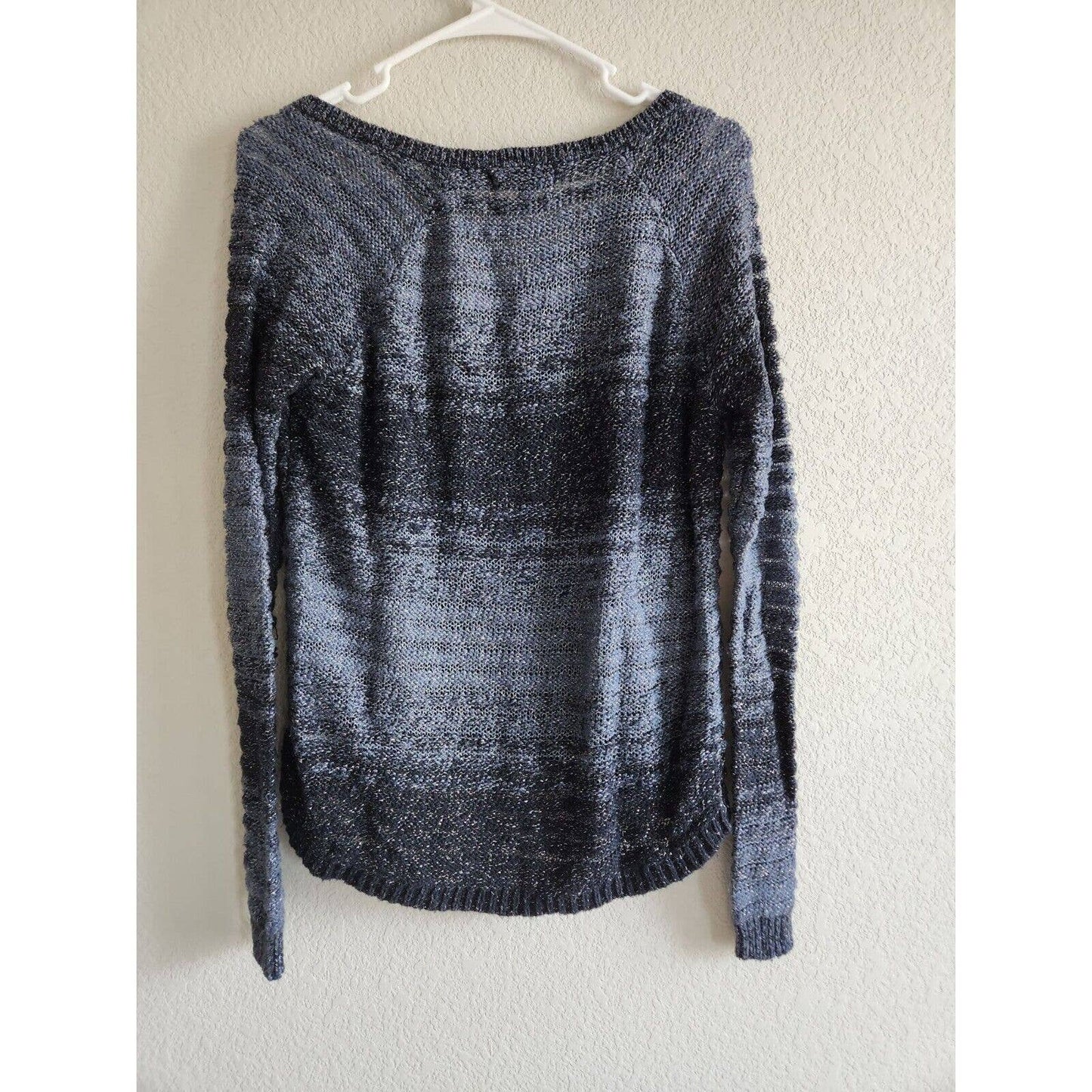 Hollister Womens Sz M V Neck Open Knit Sweater Dark Blue Metallic Weave