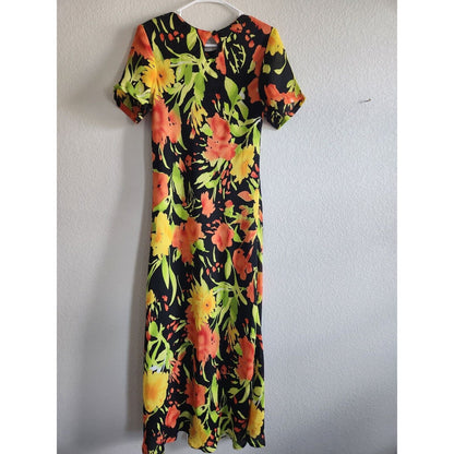 Vintage 1990s Gabrielle Womens Sz M Maxi Dress Bright Floral Yellow Orange