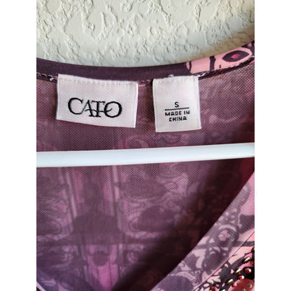 Vintage Cato Womens Sz S Shift Dress Knee Length Pink Black Studded V Neck