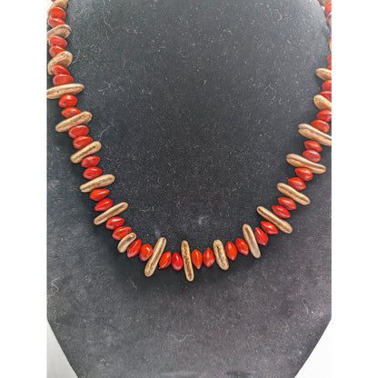 Vintage Mid Century Red and Brown Single Strand Beaded Necklace