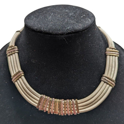 Vintage Leather Rope and Brass Bib Style 1970s Necklace