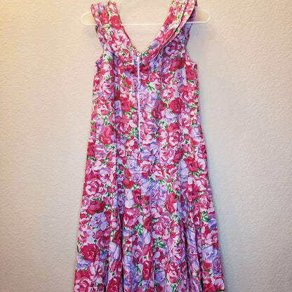 The Eagles Eye Womens Sz 12 Bright Floral Dress Midi Pink Linen Blend Vintage