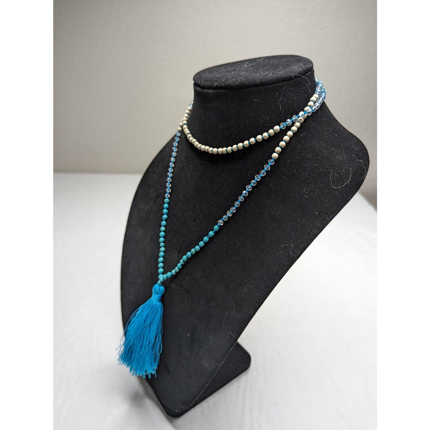 Vintage Turquoise Blue Tassel Single Strand Glass Beaded Boho Necklace