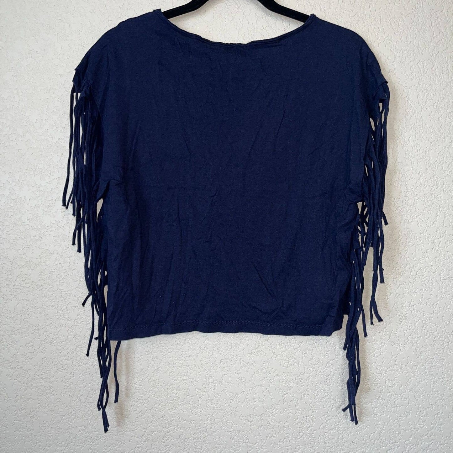 Forever 21 Womens Sz M Cropped Fringe T Shirt Blue White Boho Festival