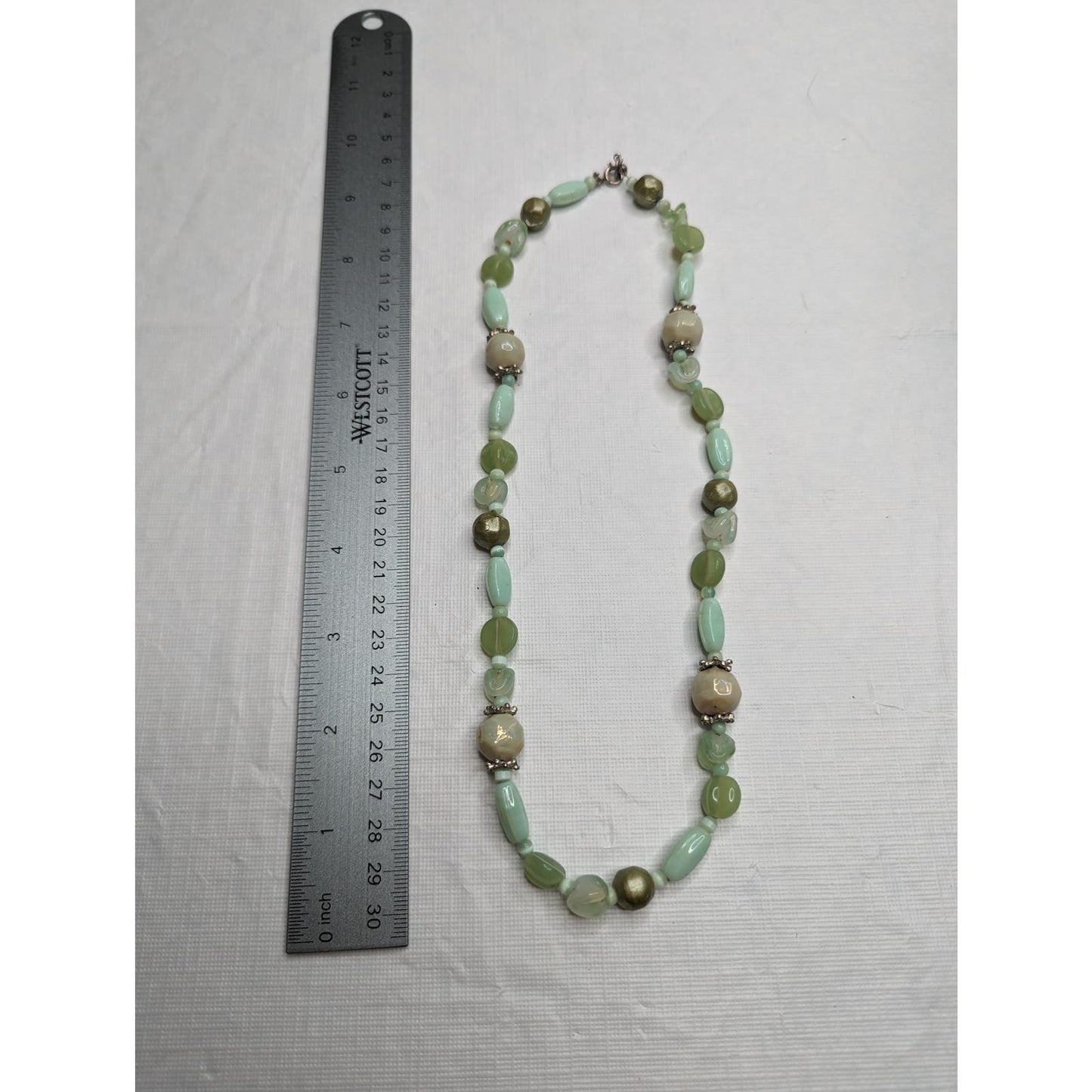 Vintage Mid Century Glass Beaded Single Strand Necklace Seafoam Green