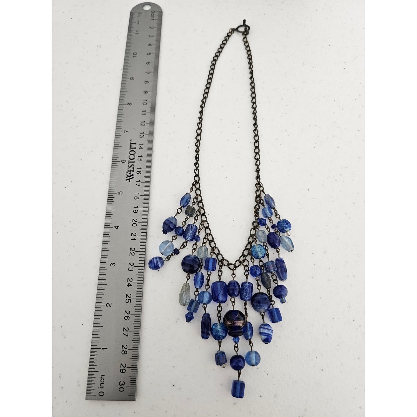 Vintage Y2K Bib Style Blue Glass Beaded Necklace Formal Chain