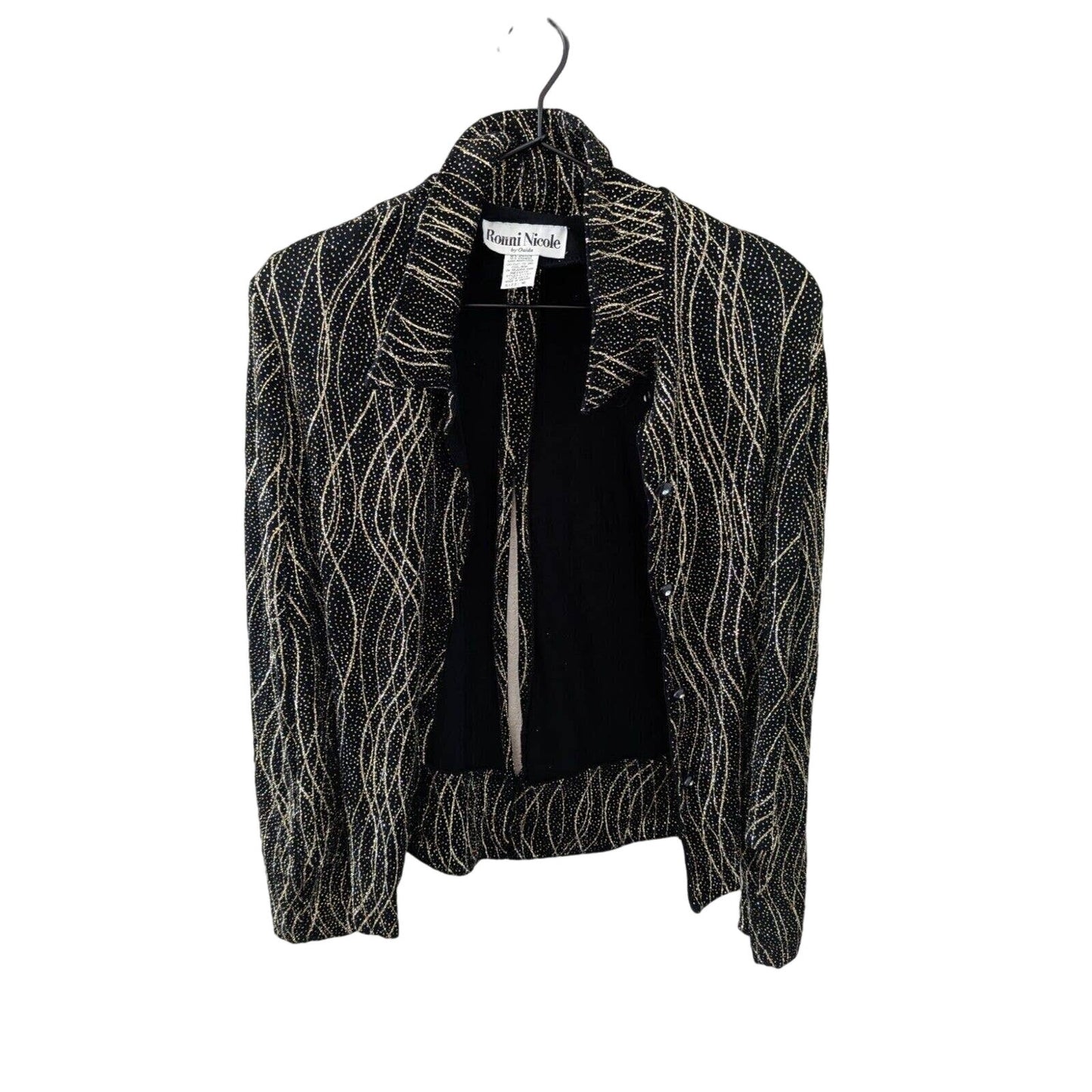 Vintage 1980s Ronni Nicole Womens Sz 10 Formal Blazer Jacket Black Gold Glitter