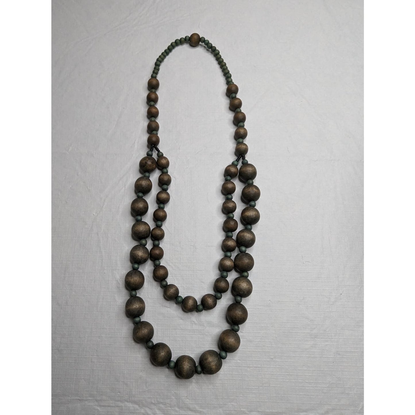 Vintage Mid Century 2 Strand Wooden Round Bead Necklace Muted Blue Gray