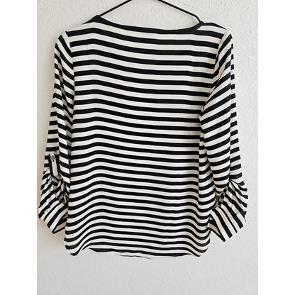 Ann Taylor Loft XSP Petite Long Sleeve Tab Sleeve Blouse Black White Striped