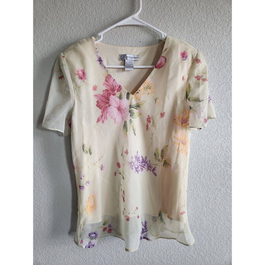 Vintage 1990s Dressbarn Womens Sz 8 Yellow and Pink Floral Blouse V Neck