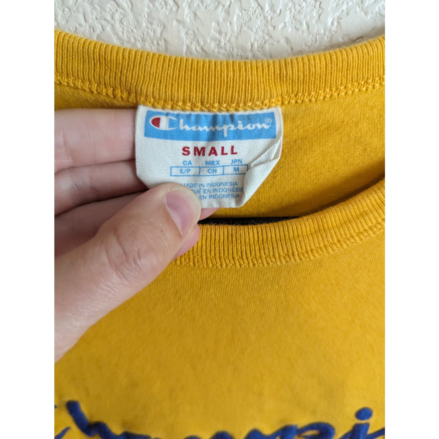 Vintage Champion Womens Sz S Long Sleeve T Shirt Yellow w/ Blue Embroidered Logo