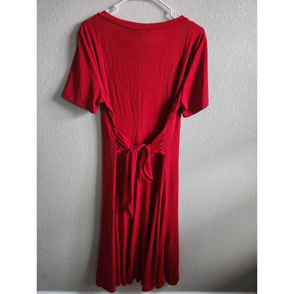 Vintage 1990s Periwinkle Womens Sz M Midi Dress Solid Red Short Sleeve