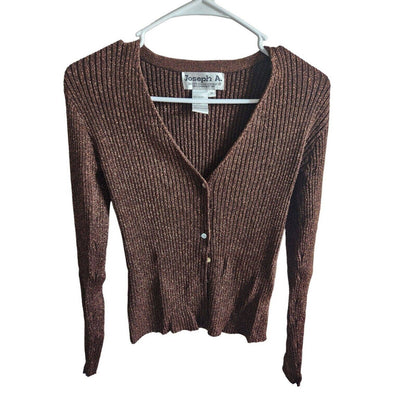 Joseph A Womens Sz M Brown and Gold MEtallic Weave Cardigan Sweater Vintage