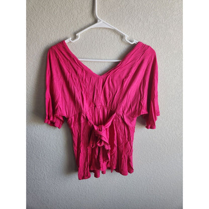 INC International Concepts Womens Sz M Bright Pink Short Sleeve Blouse Tie Back