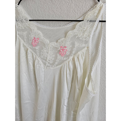 Vintage 1980s Womens Sz M Midi Length Nightgown Nylon White Pink Lace